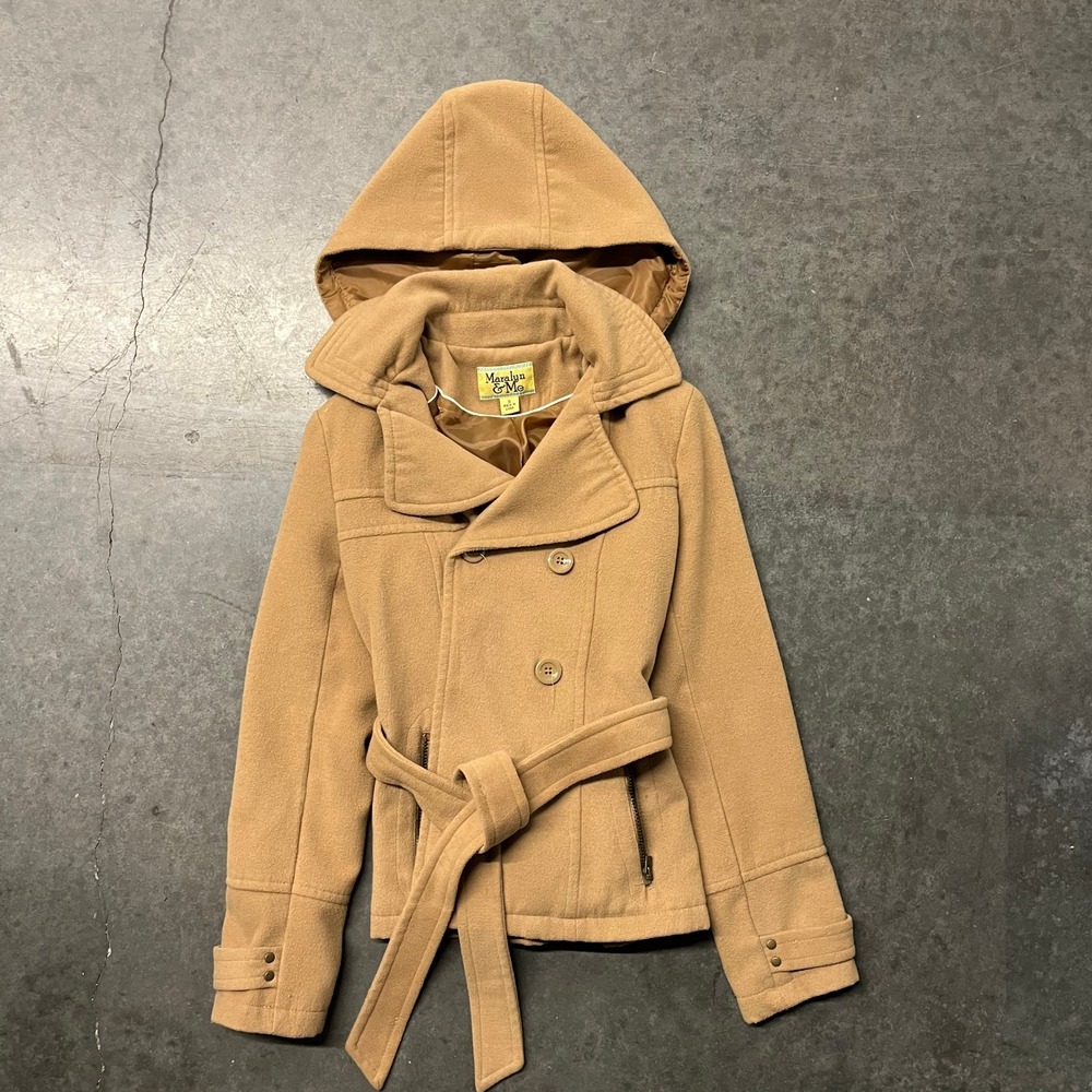 Maralyn & Me Womens Tan Hooded Pea Coat Double Breasted Belted Jacket Size Small